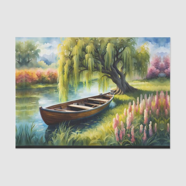Papel De Seda Barco-linha na lagoa perto do salgueiro (Frente )