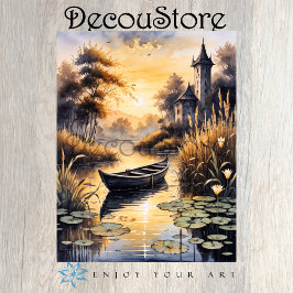 Papel De Seda Barco num Lago ao Pôr-do-Sol Decoupage