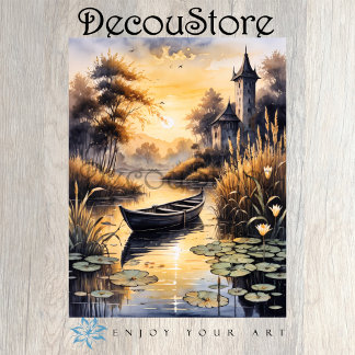 Papel De Seda Barco num Lago ao Pôr-do-Sol Decoupage