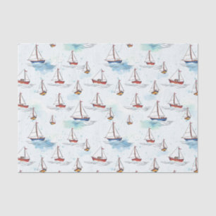Papel De Seda Barcos de Navegação Vermelha Serene Azul no Padrão