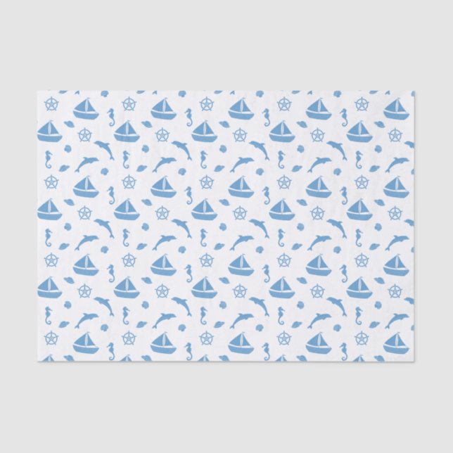 Papel De Seda Barcos e Golfinhos Padrão Marítimo Azul Branco (Frente )