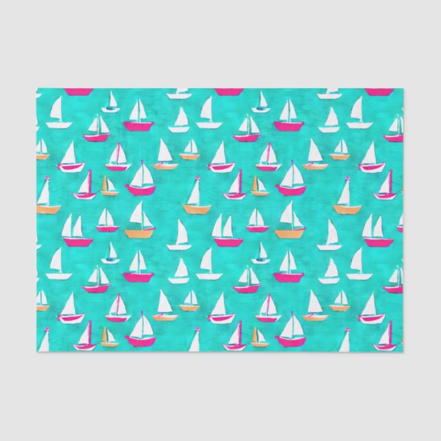 Papel De Seda Barcos Marinhos - Padrão Rosa e Aqua (Frente )