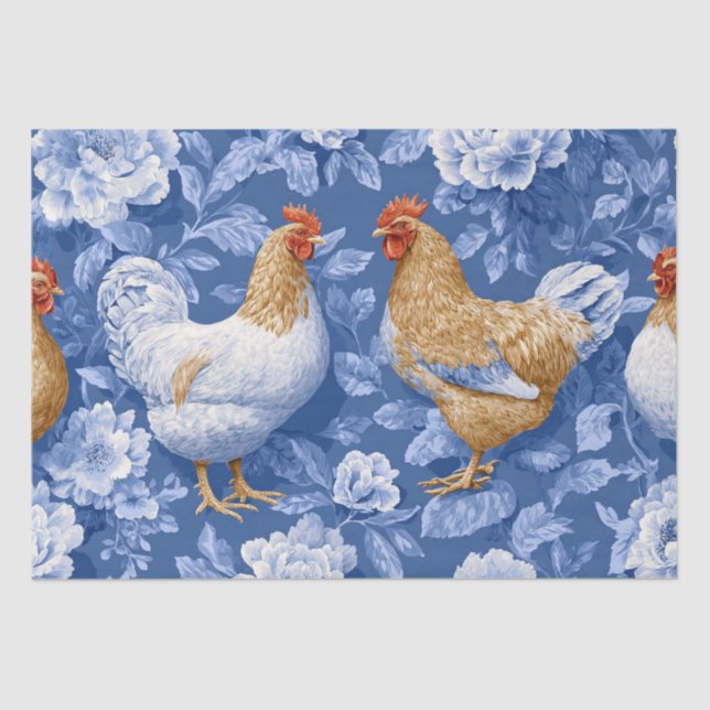 Papel De Seda Barnyard Chickens and Botanical Pattern  (Frente )