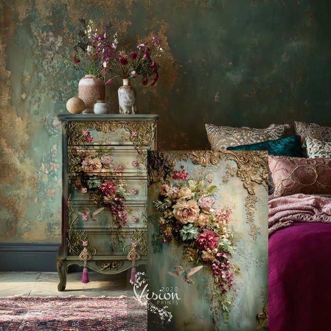 Papel De Seda Baroque, Hummingbird & Ethereal Floral  (Muted Teal and Fuchsia Pink Hummingbird & Floral, Baroque Patina Decoupage Tissue Paper.)