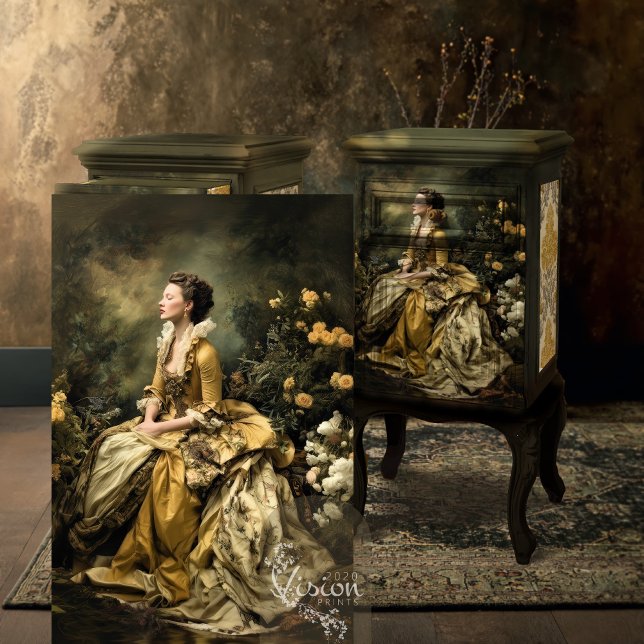 Papel De Seda Baroque Lady Gold Ballgown Moody Floral Portrait (Baroque lady portrait print displayed on dark ornate vintage cabinet antique room)