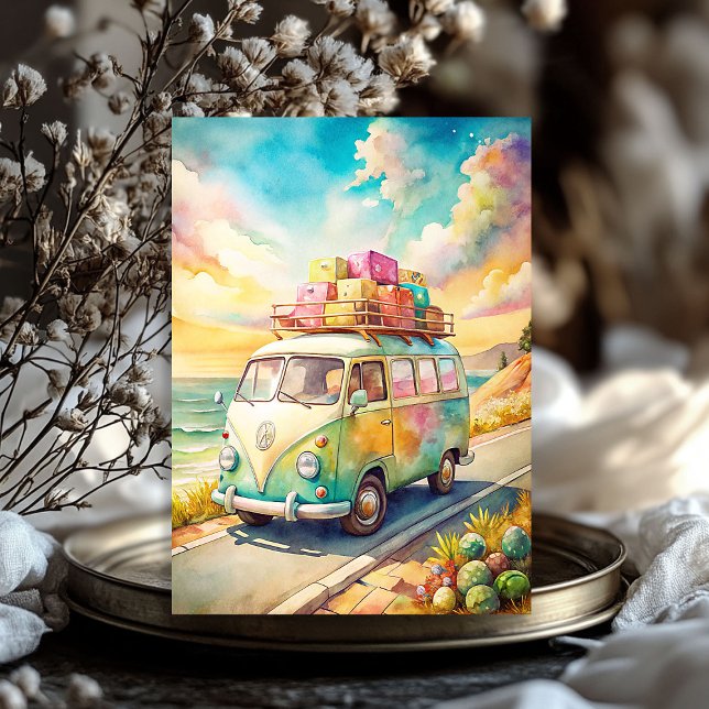 Papel De Seda Barramento retrô de férias de viagem de verão com  (Watercolor summer travel vacation retro bus tissue paper)