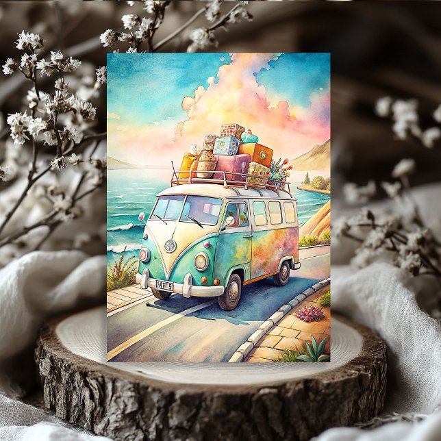 Papel De Seda Barramento retrô de férias de viagem de verão com  (Watercolor summer travel vacation retro bus tissue paper)