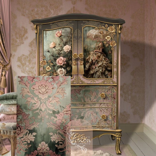 Papel De Seda Barroco Damask Dusty rosa e Azulejo Verde (Weathered Floral Damask Patterned Tile, Dusty Pink and green decoupage tissue paper.)