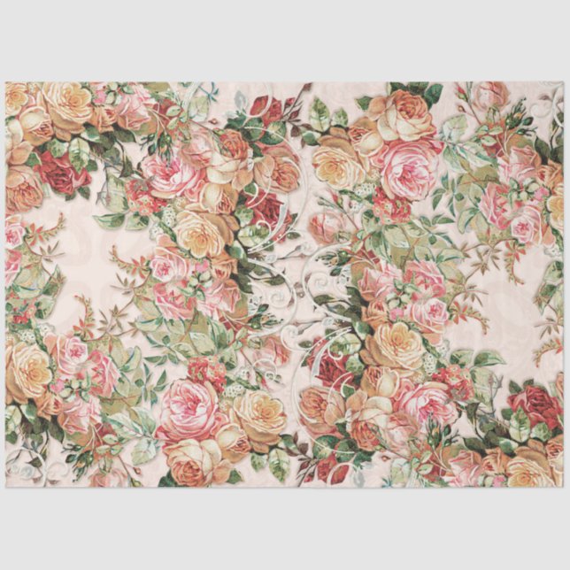 Papel De Seda Barroco Elegante Rosa Floral Bege Dourado Decoupag (Frente )
