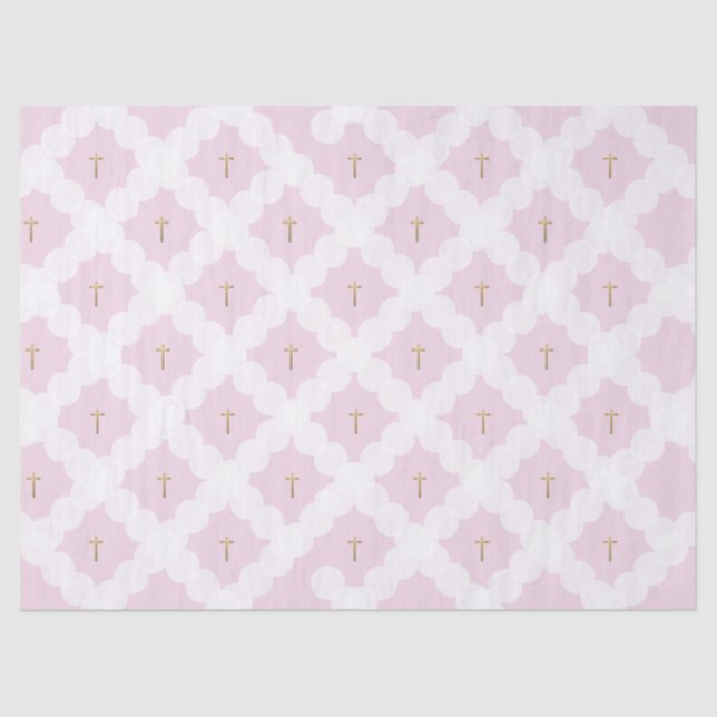 Papel De Seda Batismo Dourado pelo Padrão Cruzado Branco Rosa (Frente )