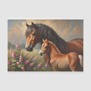 Papel De Seda Bay Mare com um Foal de Flores Selvagens