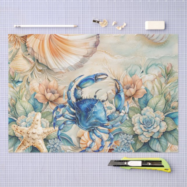 Papel De Seda Beachy Pastel  Blue Crab & Shells Decoupage  (Arte )