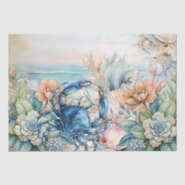 Papel De Seda Beachy Pastel  Blue Crab & Shells Decoupage 