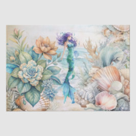 Papel De Seda Beachy Pastel  Floral Mermaid & Shells Decoupage 