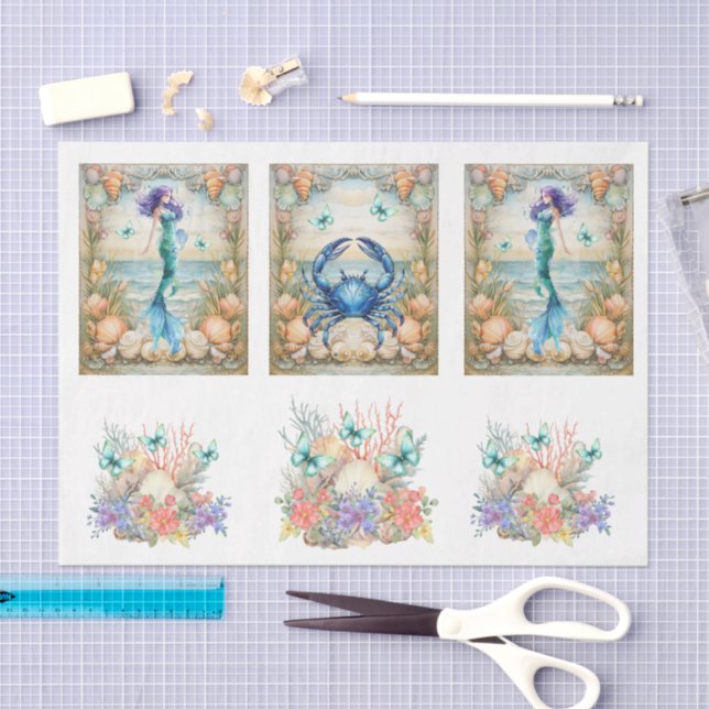 Papel De Seda Beachy Pastel  Floral Mermaid & Shells Decoupage  (Arte )