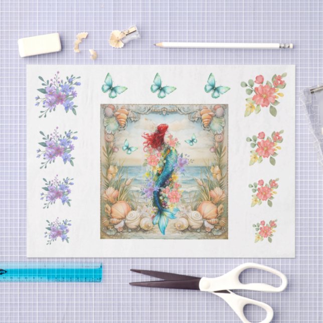 Papel De Seda Beachy Pastel  Floral Mermaid & Shells Decoupage  (Arte )