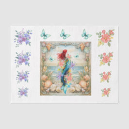 Papel De Seda Beachy Pastel  Floral Mermaid & Shells Decoupage 