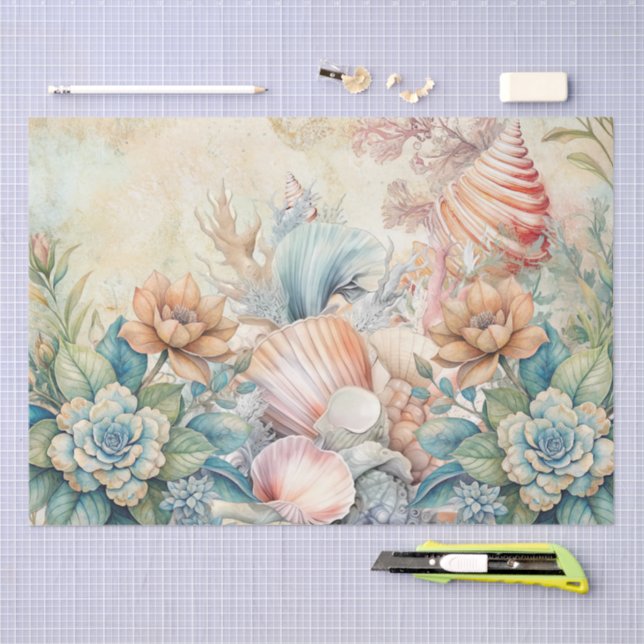 Papel De Seda Beachy Pastel Floral Seashells Decoupage  (Arte )