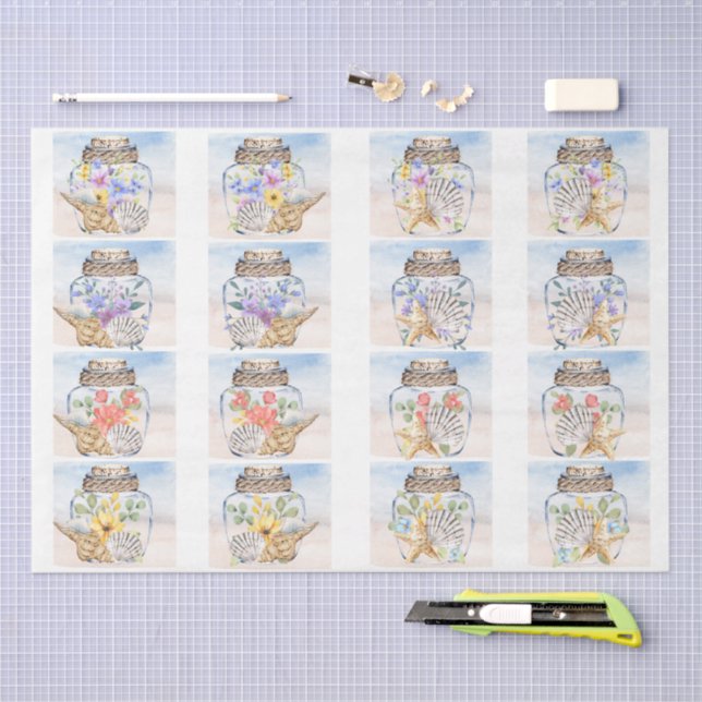 Papel De Seda Beachy Watercolor Florals & Seashells Decoupage  (Arte )