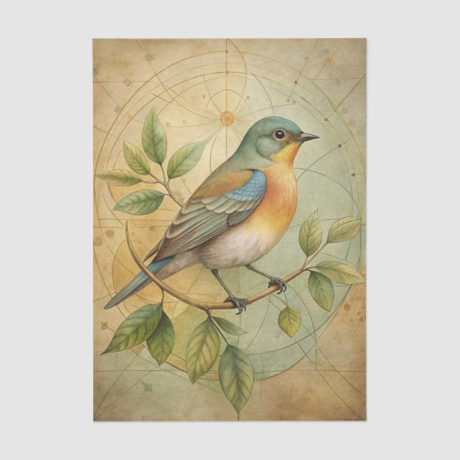 Papel De Seda Beautiful Bird on Branch with Geometric Lines (Frente )