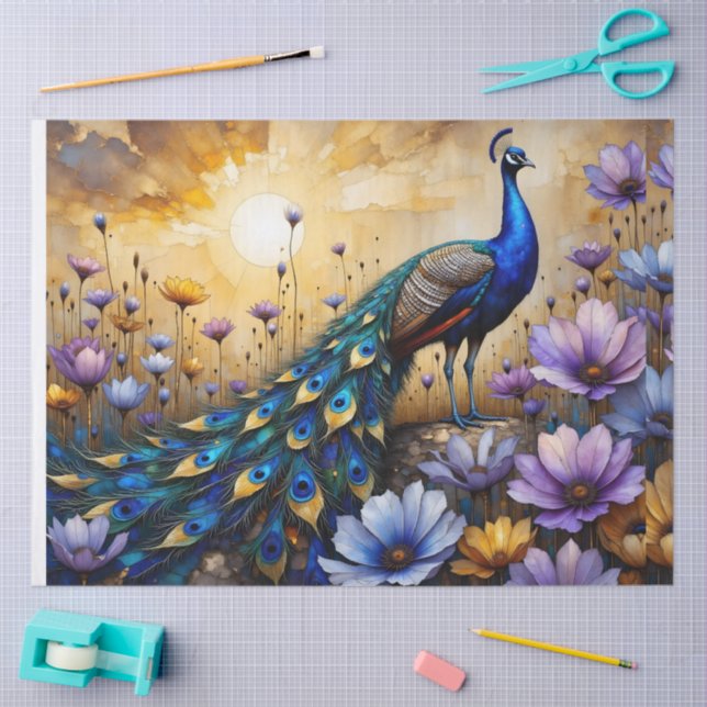 Papel De Seda Beautiful Blue Peacock in Floral Landscape (Arte )
