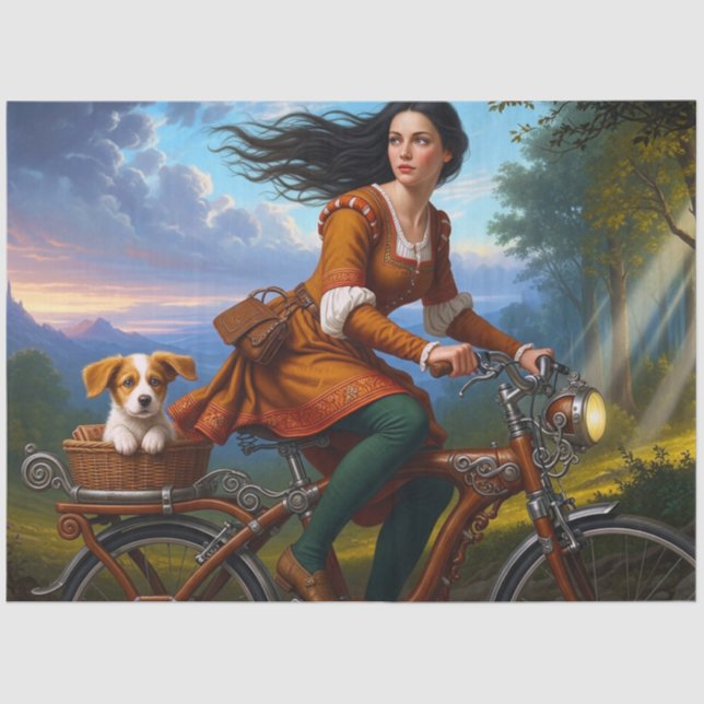 Papel De Seda Beautiful Girl With Puppy On Bicycle Decoupage (Frente )