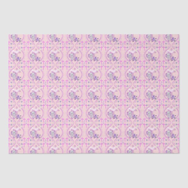 Papel De Seda Bebê Elefante Rosa Com Pomba E Batismo De Cruz  (Frente )
