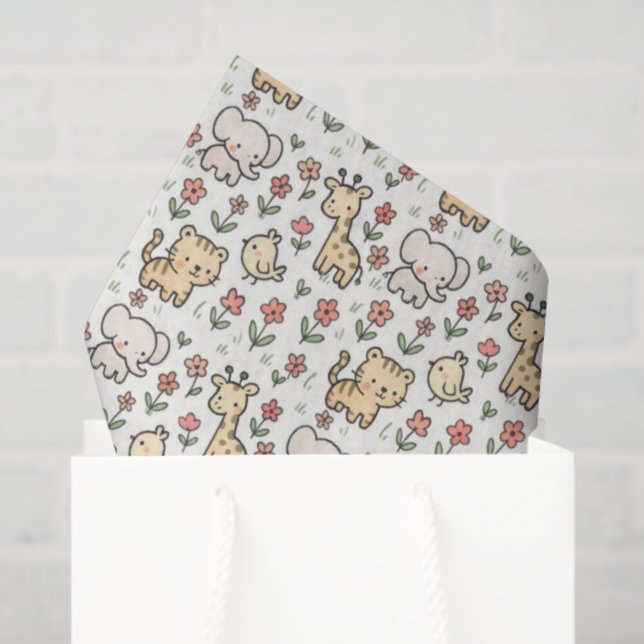 Papel De Seda Bebê Safari Selvagem Com Flores De Dodle (Sacola de presentes)