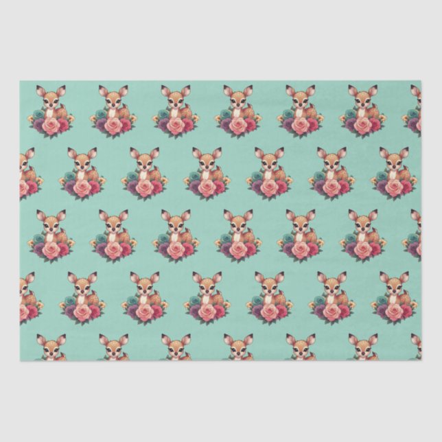 Papel De Seda Bebê veado com Rosas e folhagem verde (Frente )