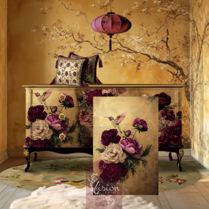 Papel De Seda Beija-flor & Floral, Fundo Burgundy & Dourado