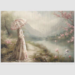 Papel De Seda Beira do Lago, Cisne, Senhora Elegante, Paisagem F