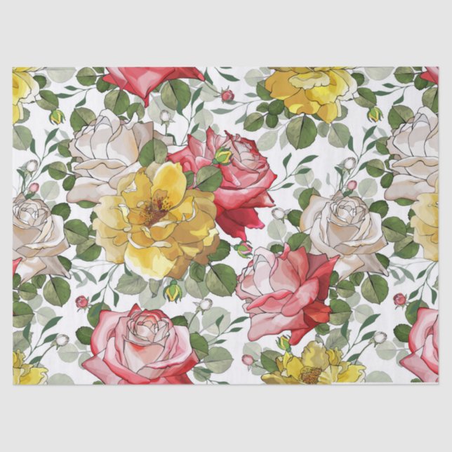 Papel De Seda Bela Tinta Aquarela Rosas Vermelhas Amarelas (Frente )