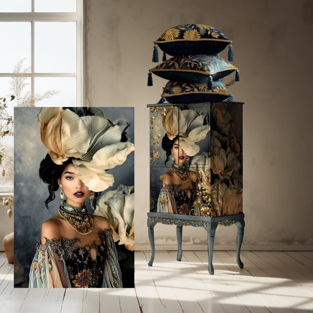 Papel De Seda Beleza Escura Elegante, Florais Azuis Moody (Luxe Blooms, Elegant, Dark Beauty Portrait & Moody Blue Floral, Statement Art, furniture decoupage )