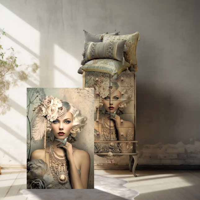 Papel De Seda Beleza Flapper de 1920, e Hummingbird, dissociação (1920's Inspired Flapper Girl & a hummingbird. Light Dusty, Silver, Blue Adorned Lady Decoupage Paper)