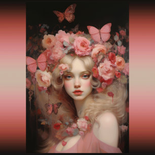 Papel De Seda Beleza Loira - Retrato e Flores de Mulher