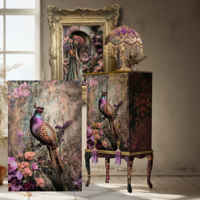 Papel De Seda Beleza Louca, Ramificação de Aves, Florais Moody (A pheasant Bird sitting on a branch and moody rustic floral scene, furniture decoupage tissue paper)