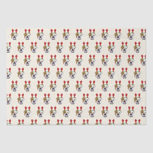 Papel De Seda Belo Bulldog Inglês com Reindeer Hat - Natal (Frente )