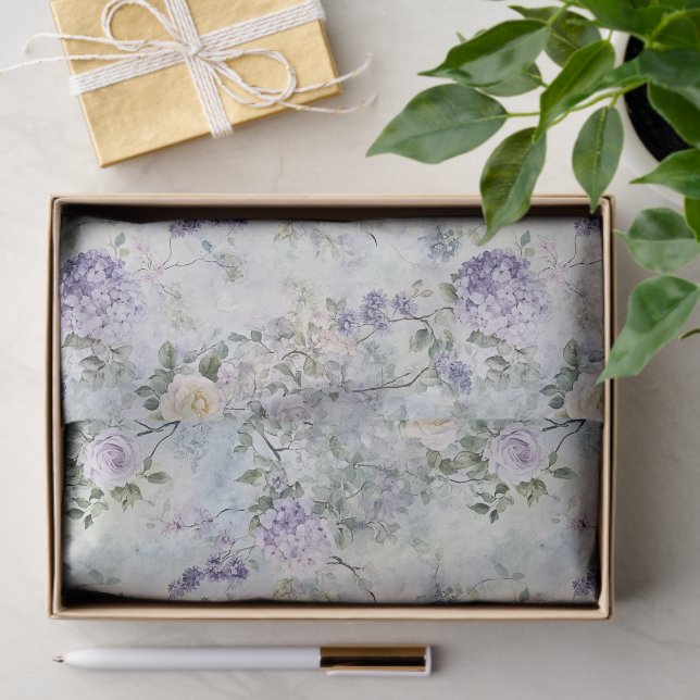 Papel De Seda Belo Casamento Floral de Rosas Brancas Lavanda Rox (Presente)