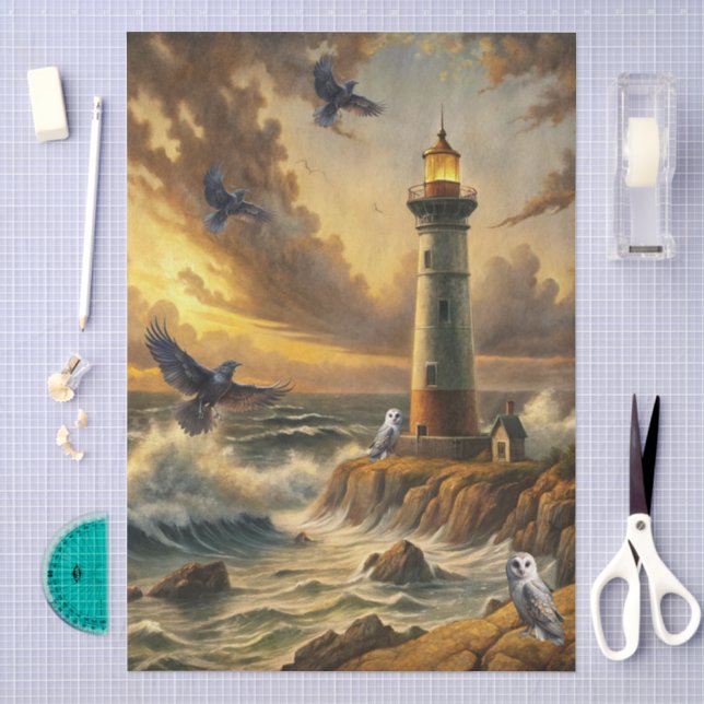 Papel De Seda Belo Farol Costeiro Tempestuoso Decoupage (Arte )