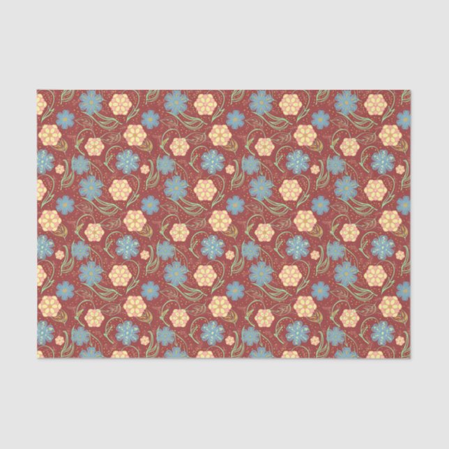 Papel De Seda Belo padrão floral moderno - vermelho (Frente )