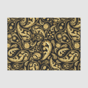Papel De Seda Belo padrão preto e Dourado de Paisley
