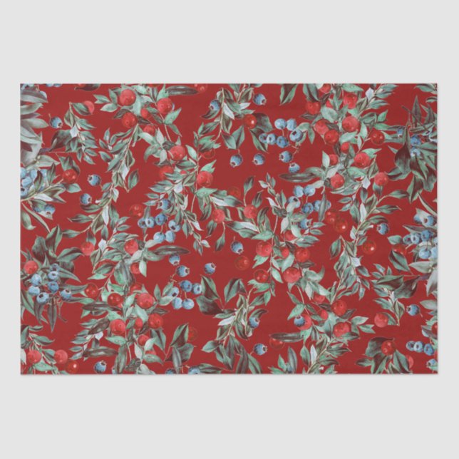 Papel De Seda Berries Vermelhos-Azuis Elegantes Festivos (Frente )