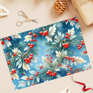 Papel De Seda Berries vermelhos e ramificações de pinheiro no Na