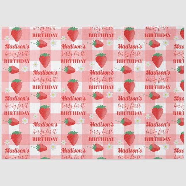 Papel De Seda Berry First Birthday Strawberry First 1rua Name (Frente )