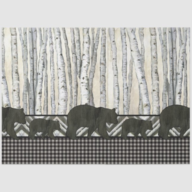 Papel De Seda Birch Tree Black Bear Rustic Decoupage  (Frente )