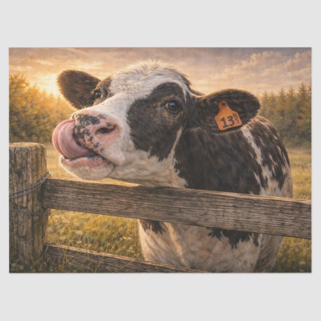 Papel De Seda Black and White Cow with Tongue up Her Nose  (Frente )
