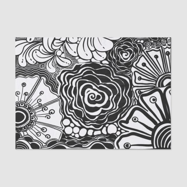 Papel De Seda Black And White Zen Floral Patterned Drawing (Frente )