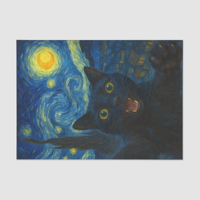 Papel De Seda Black Cat Starry Night Van Gogh Cat Selfie (Frente )