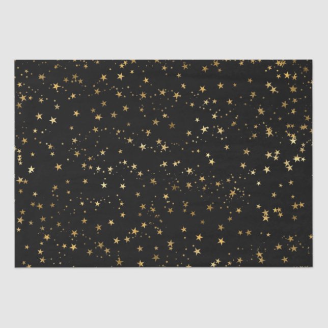 Papel De Seda Black Elegant Celestial Starry Gold Stars Design (Frente )