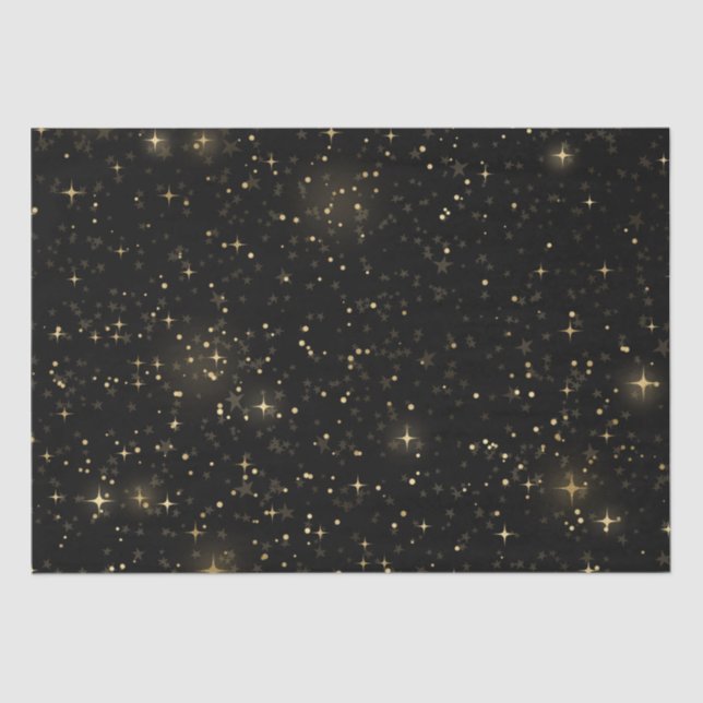 Papel De Seda Black Elegant Celestial Starry Gold Stars Design (Frente )